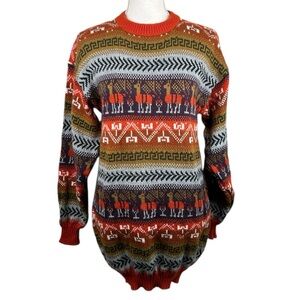 Winter Fall Deer Ethnic Aztec Rust Multi Colored Knit Crewneck Sweater Size L